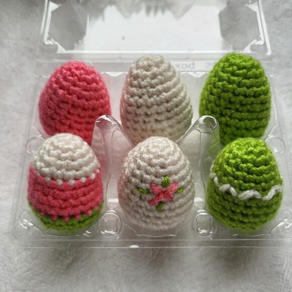 Crochet Eggs - Coral Lime White - Set of Six - Handmade - Picture 4 of 6